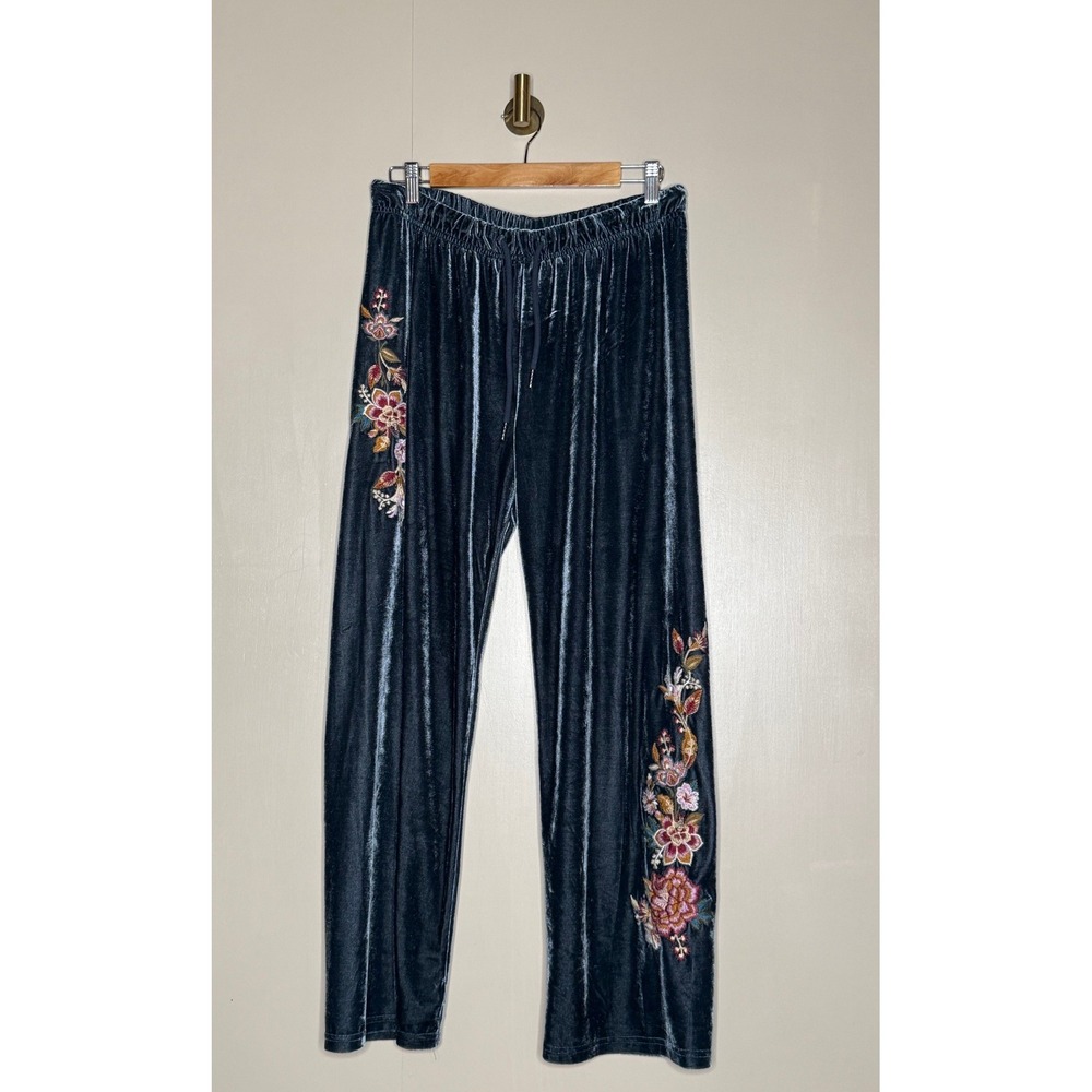 Floriana Slate Velvet Embroidered Wide Leg Lounge Pants Large